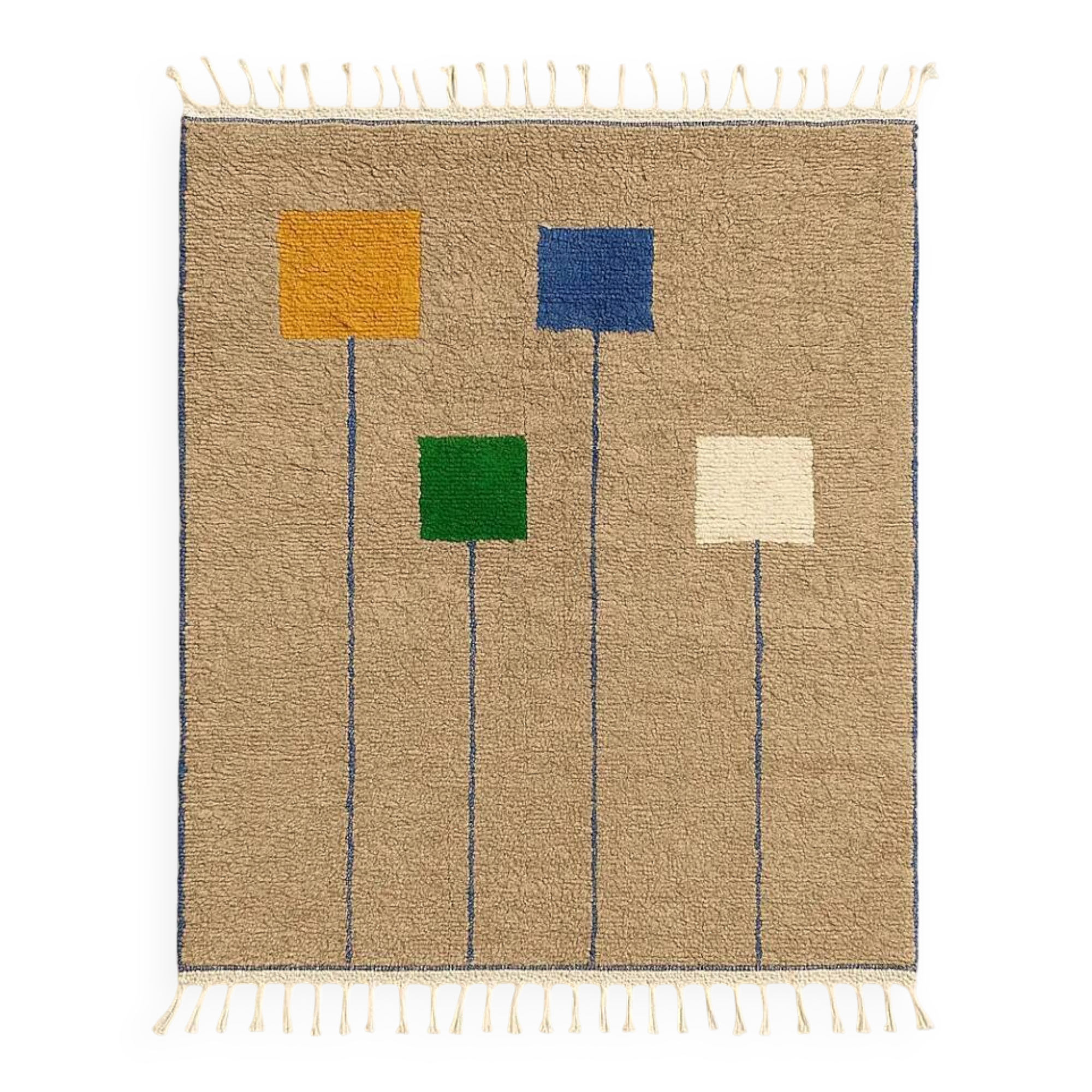 Beige Berber rug, wool, modern square patterns.