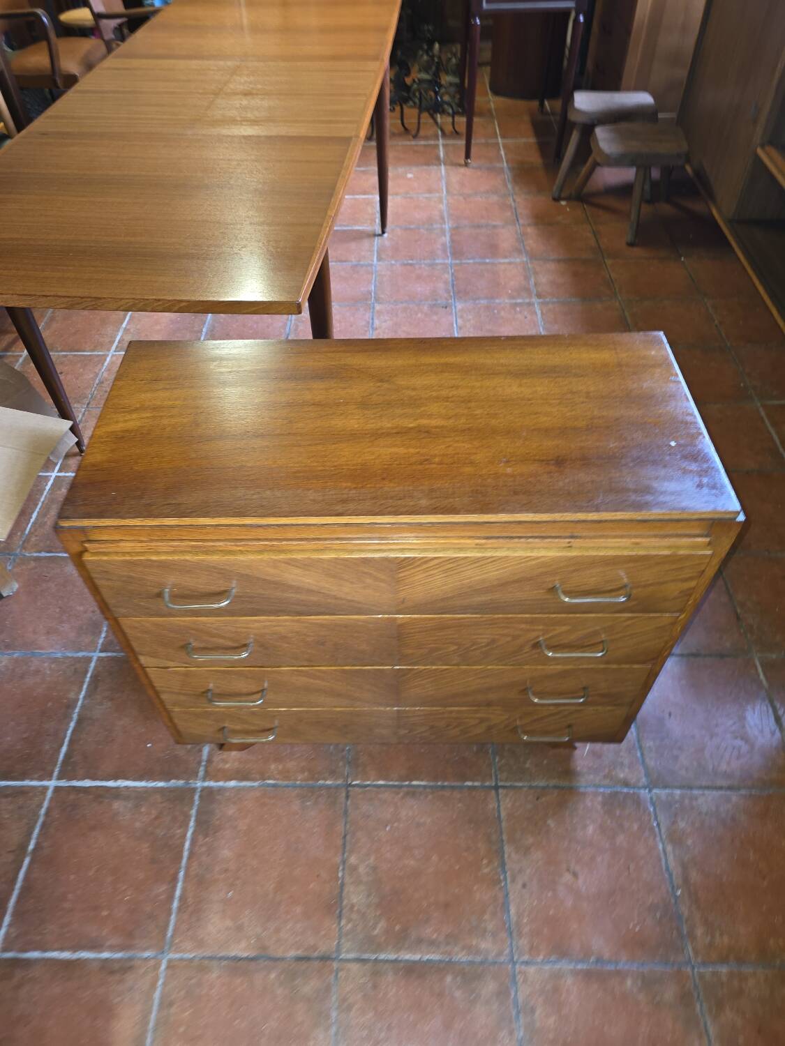 Vintage oak chest of drawers with herringbone patterns from the 1960s.