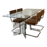 Design glass dining table & 4 vintage 70s/80s style chairs