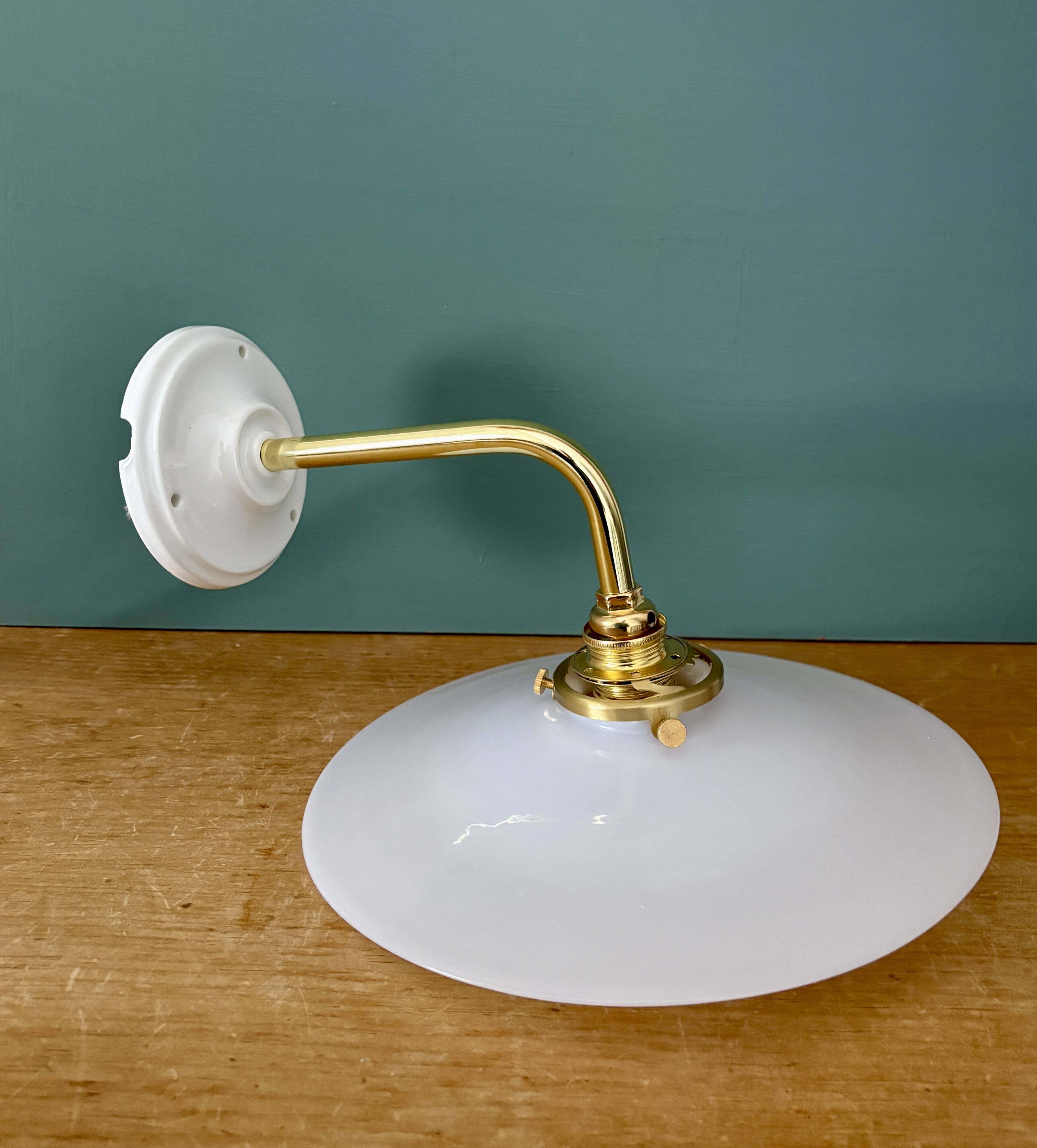 Vintage white opaline wall lamp with elbow arm