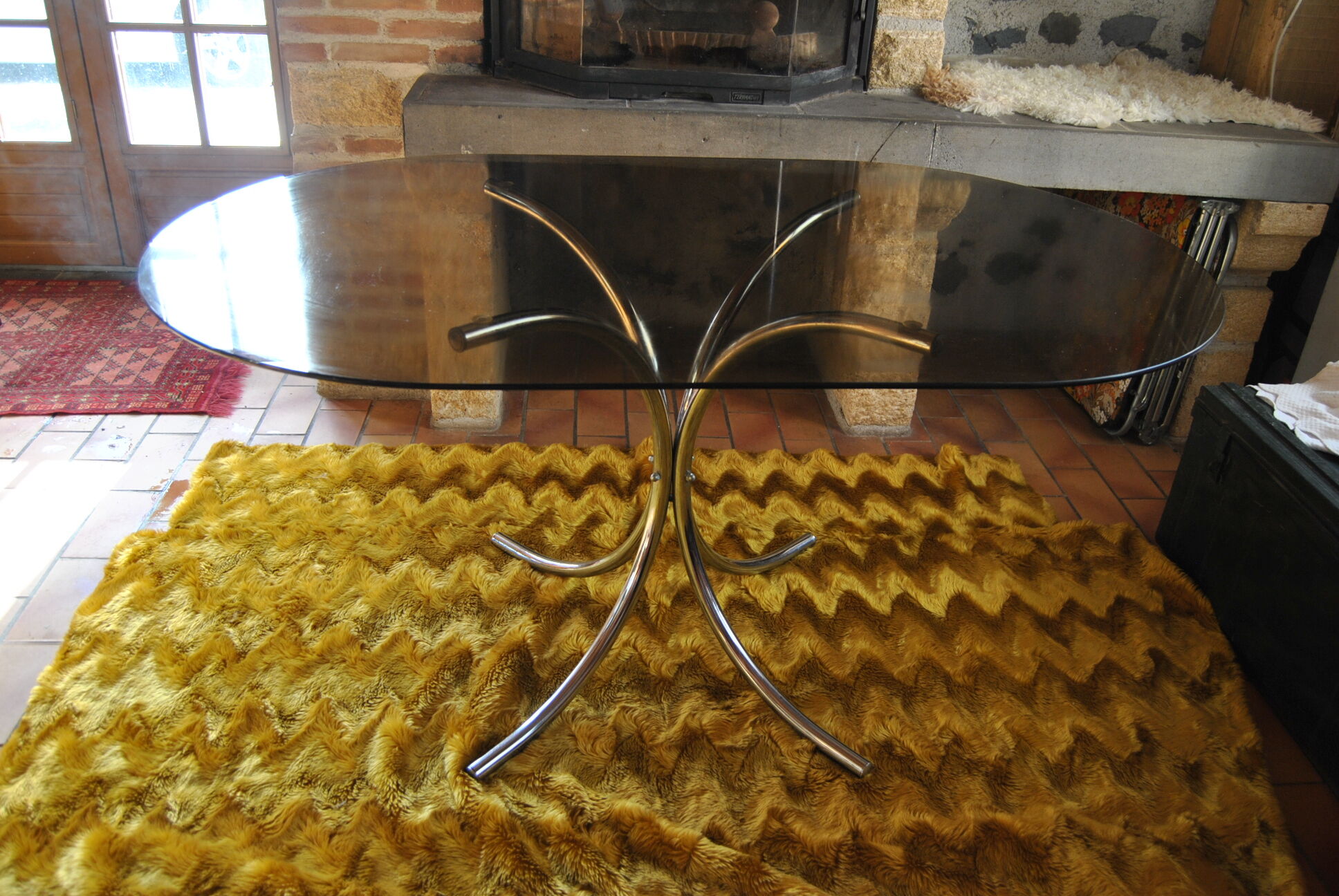 Dining table stainless steel legs and tempered glass top 70s