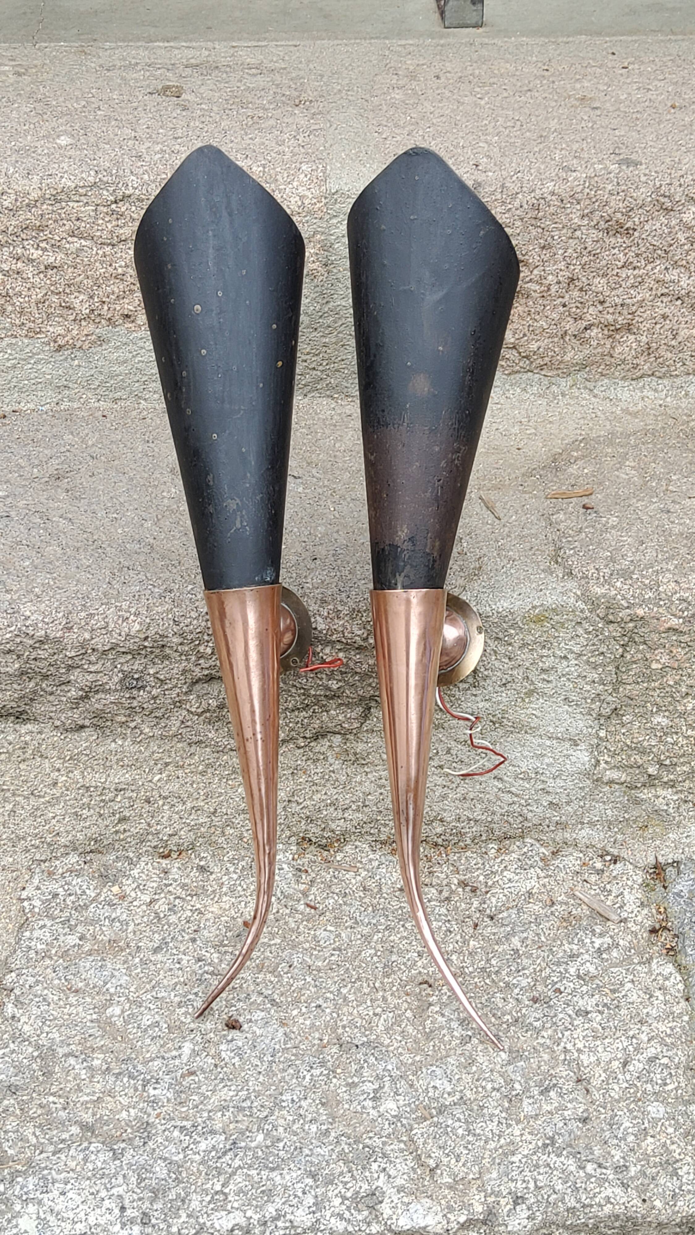 Pair of vintage 50s copper and metal wall lights