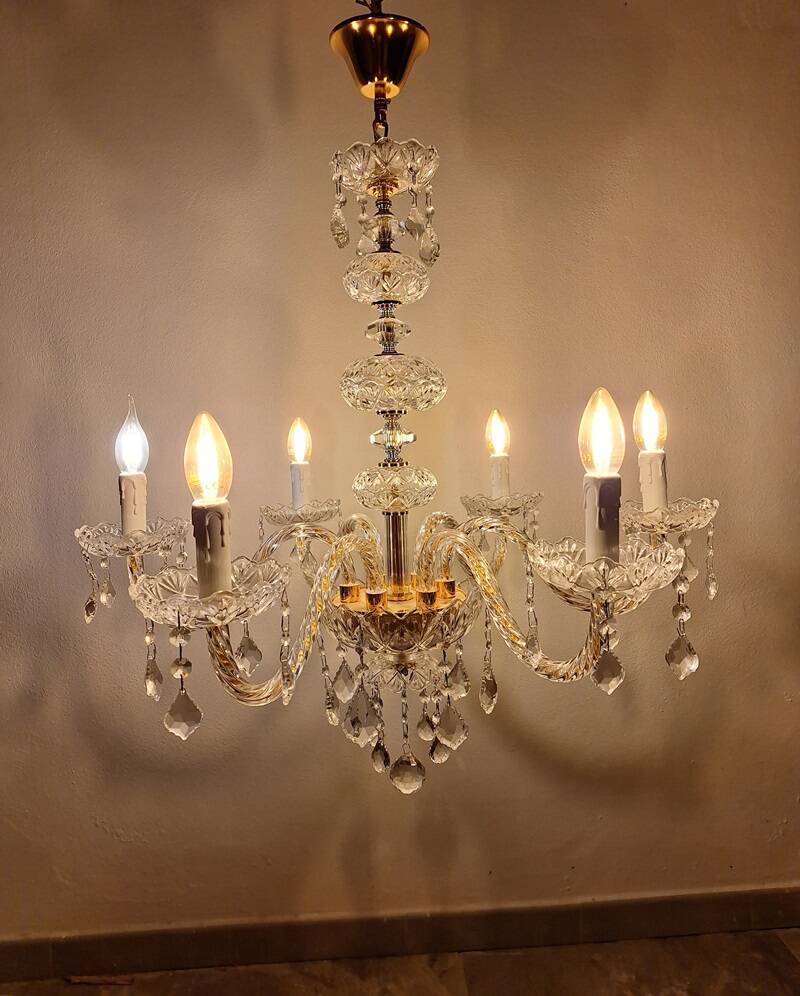 Italian Gold and Crystal 6 Branch Chandelier
