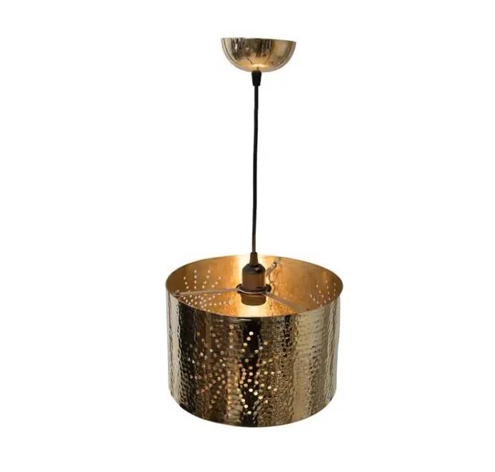 Hammered copper metal pendant light with a golden cylindrical shade.
