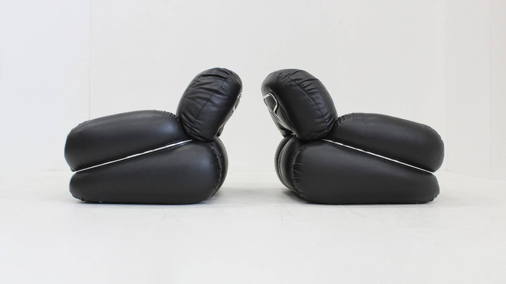 Vintage Okay armchairs by Adriano Piazzesi black leather 1970s, set of 2