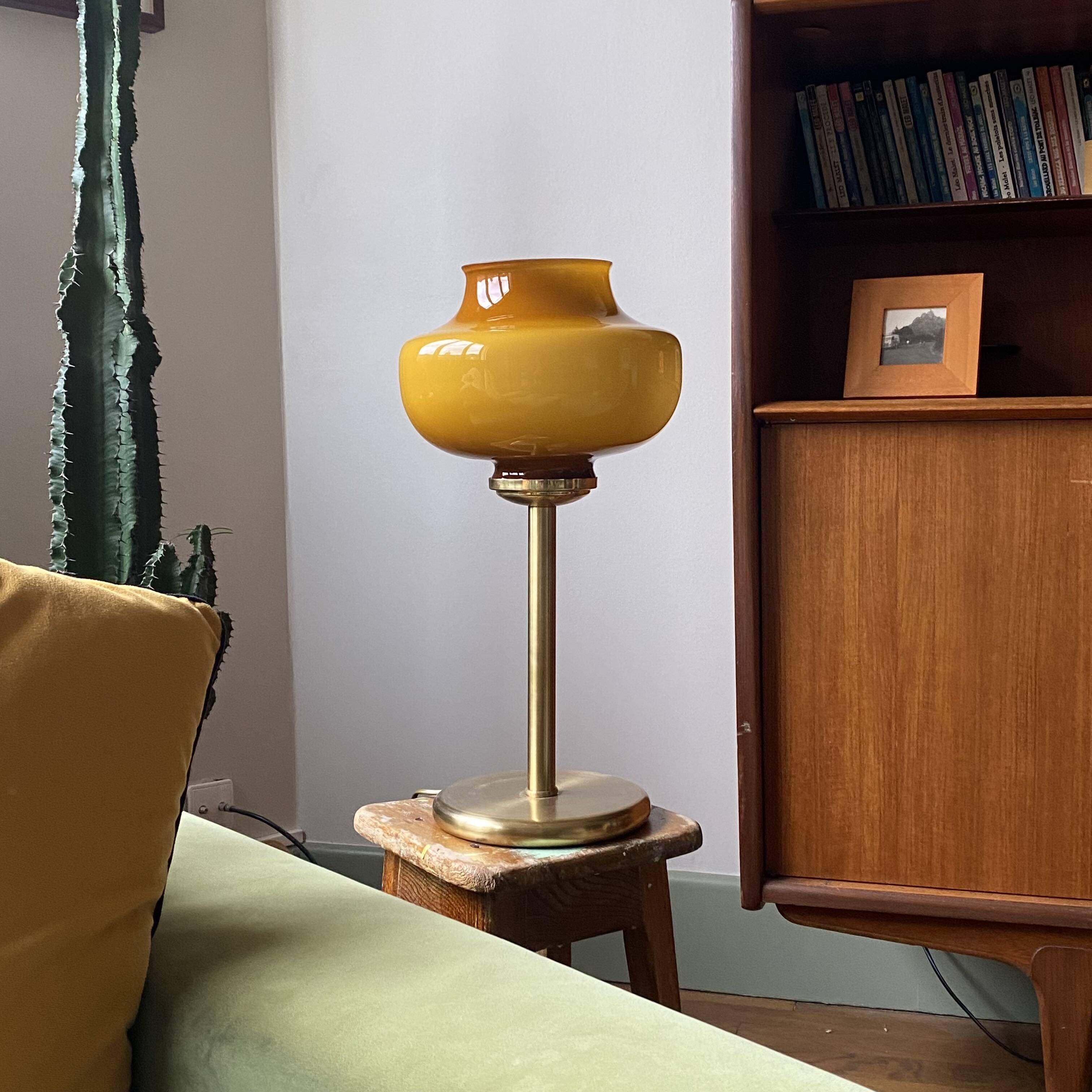 Large vintage lamp with brown and yellow opaline glass and brass.