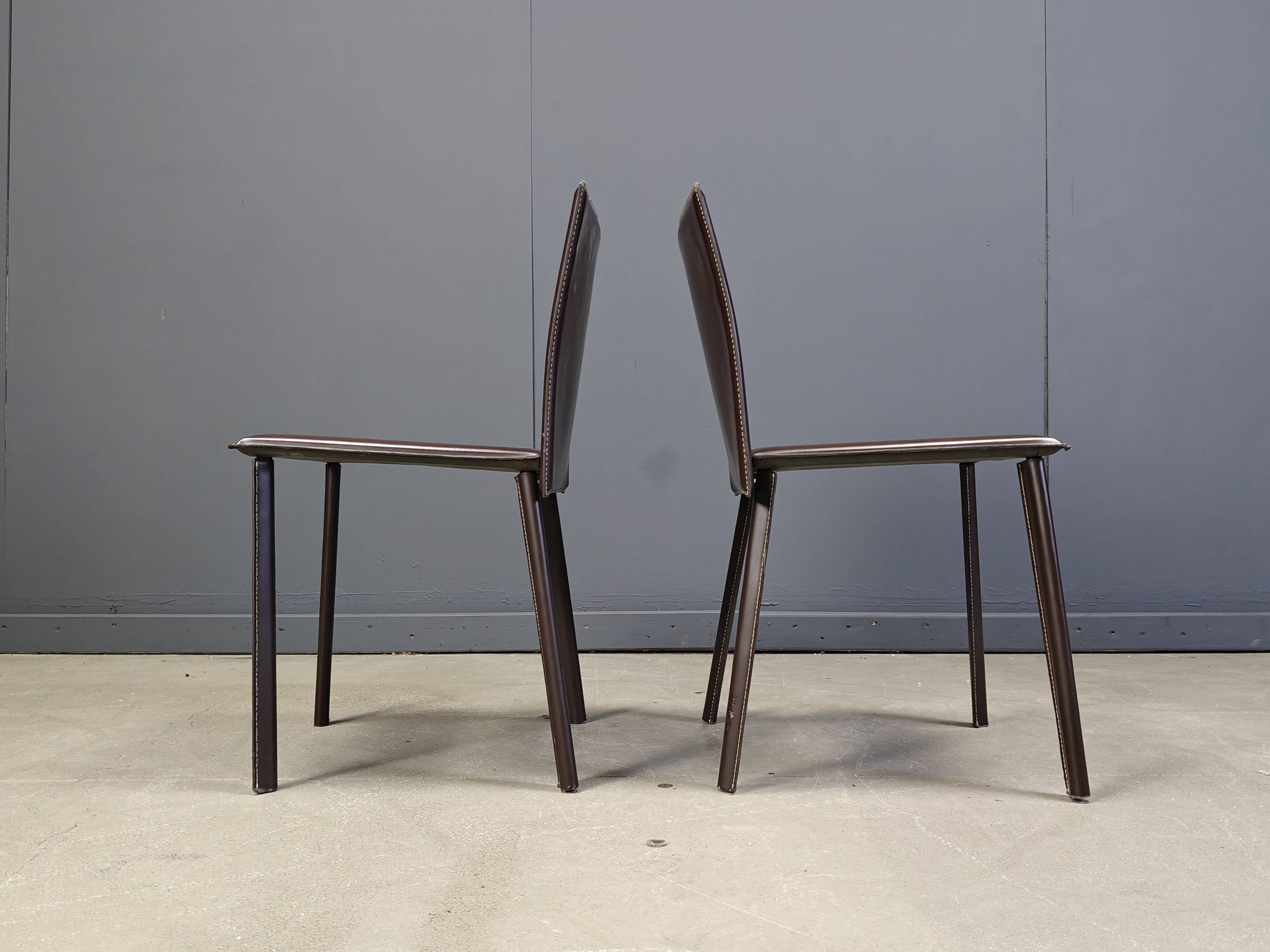 Vintage brown leather dining chairs, set of 6, 1980s