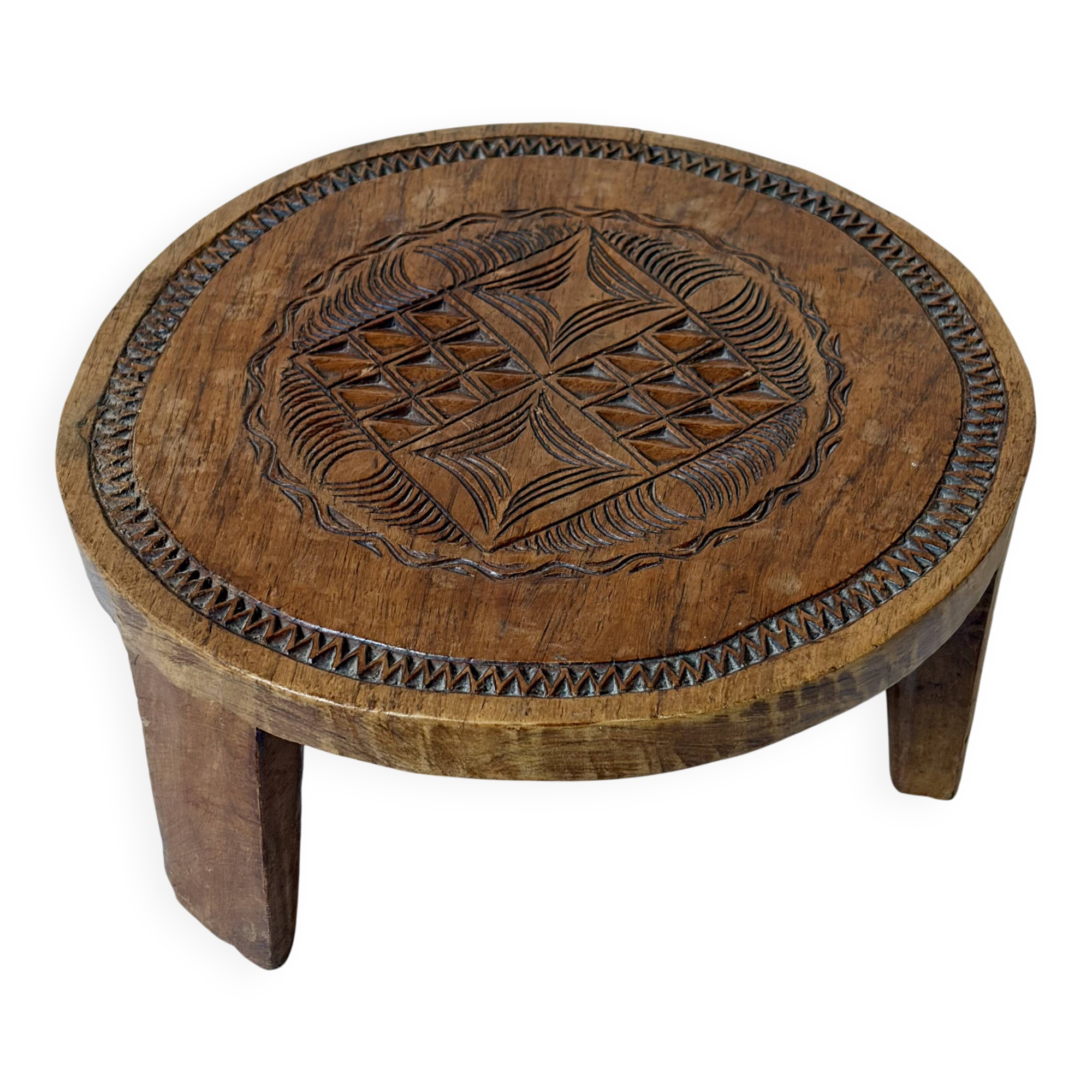 Solid wood monoxyle piece, hand-carved, ethnic bohemian wabi-sabi decor.