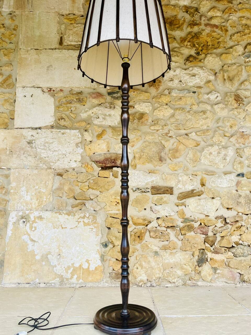 Vintage Floor Lamp Turned Wood, Bamboo Rattan Circa 1950s