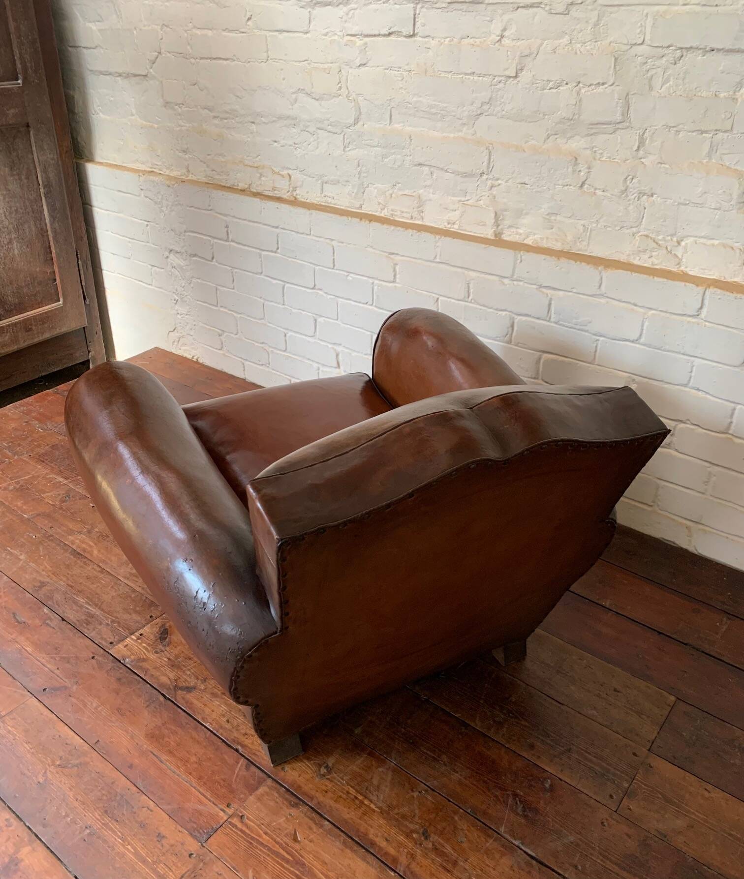 French Leather Club Chair, Havana Mustache Model, with Cuban Cigar Arms, Circa 1930's