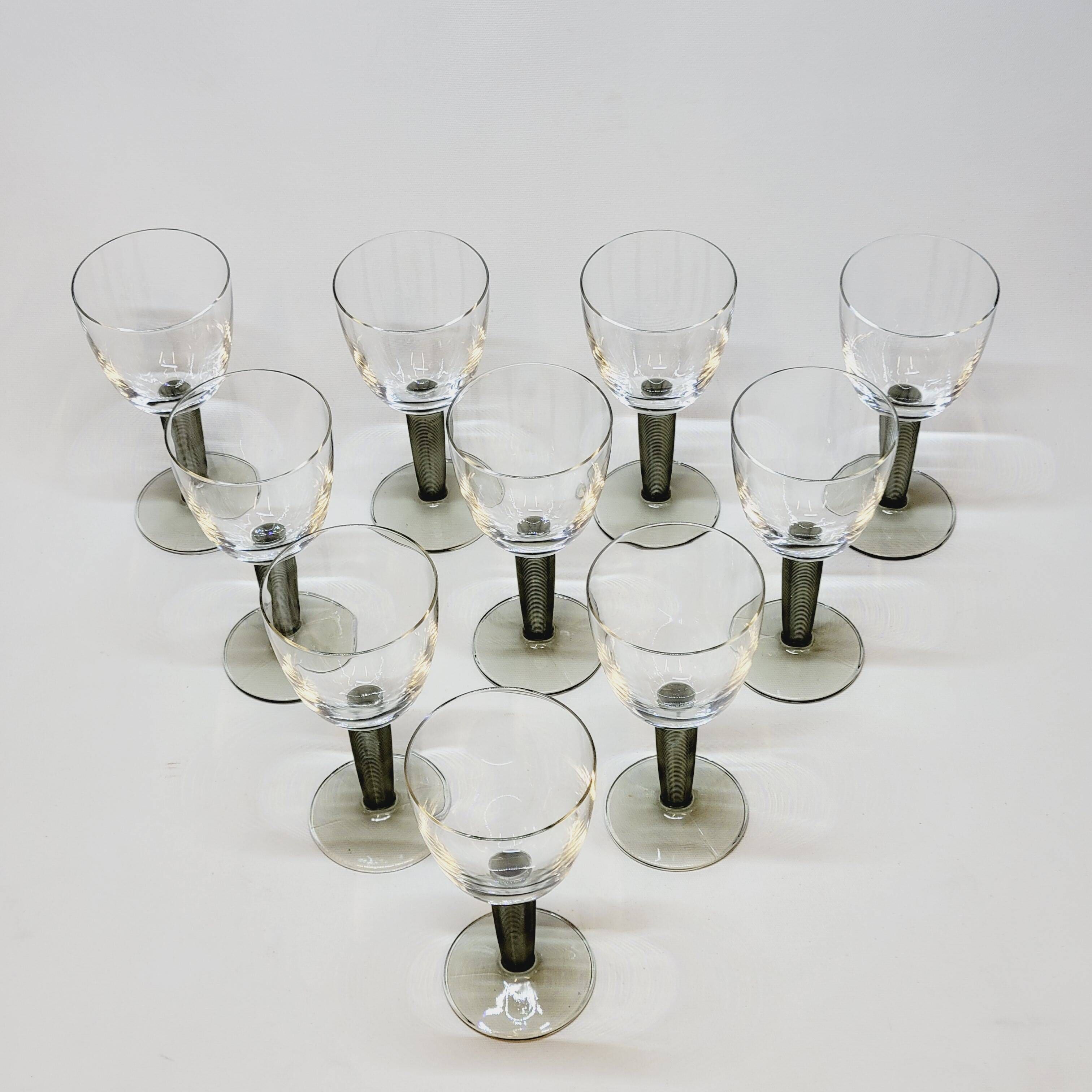 10 Bormioli Rocco Vintage Crystal Wine Glasses with Grooved Grey Stem