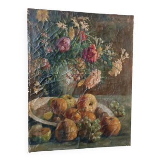 19th-century oil painting on canvas depicting a vase of fruit with flowers.