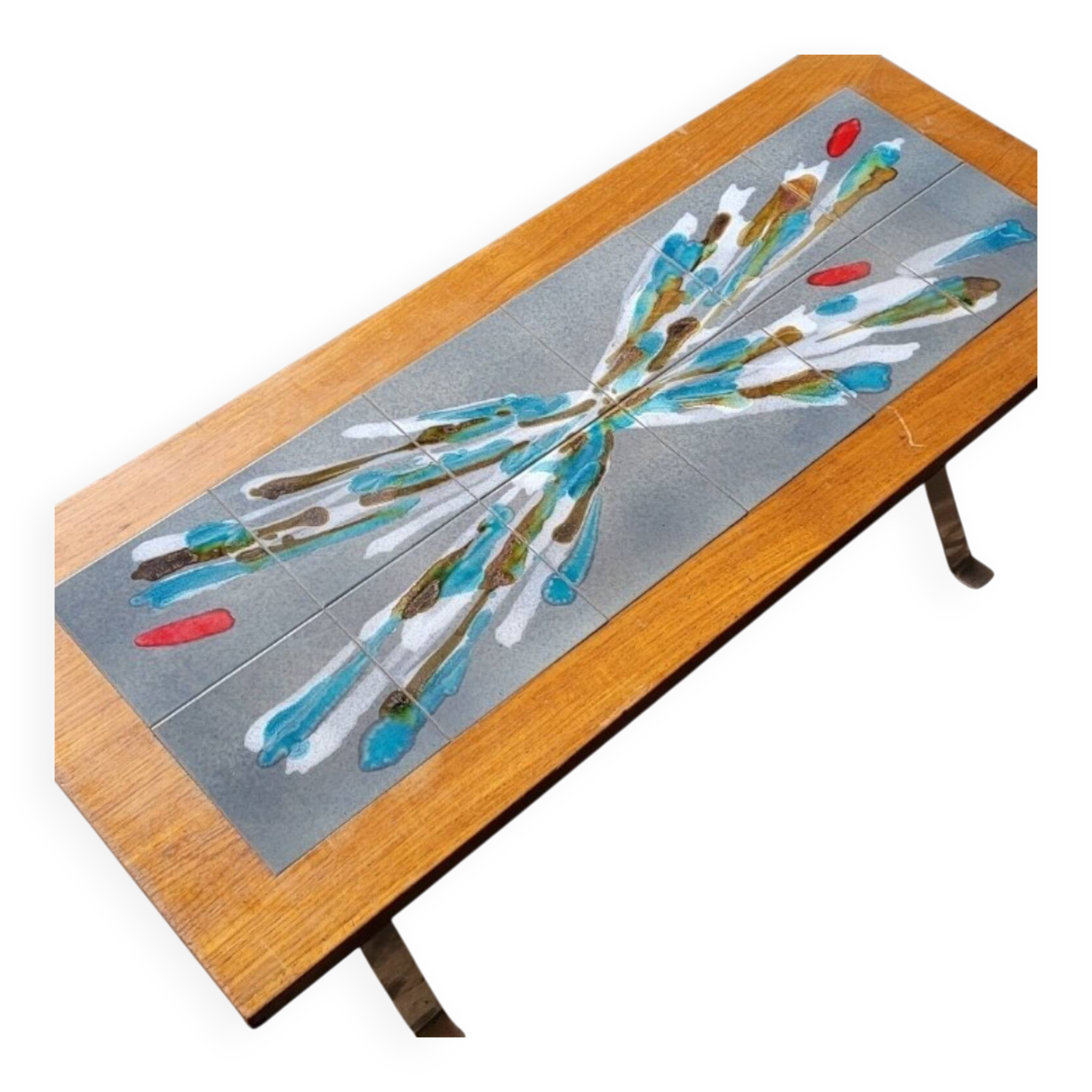 Vintage 70s design coffee table, wooden and ceramic top with aluminium legs.