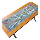 Vintage 70s design coffee table, wooden and ceramic top with aluminium legs.