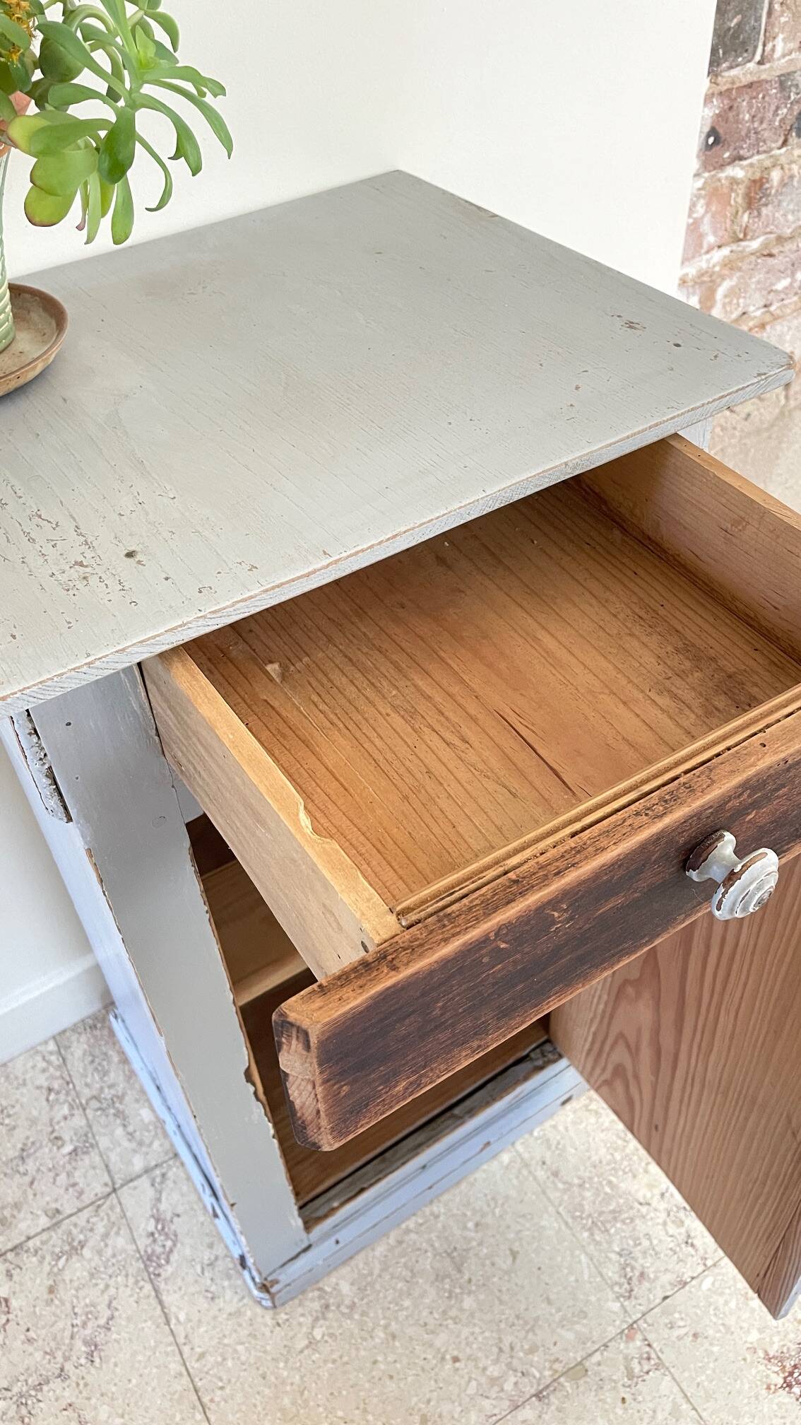 Antique Bedside Table in Weathered Grey Wood