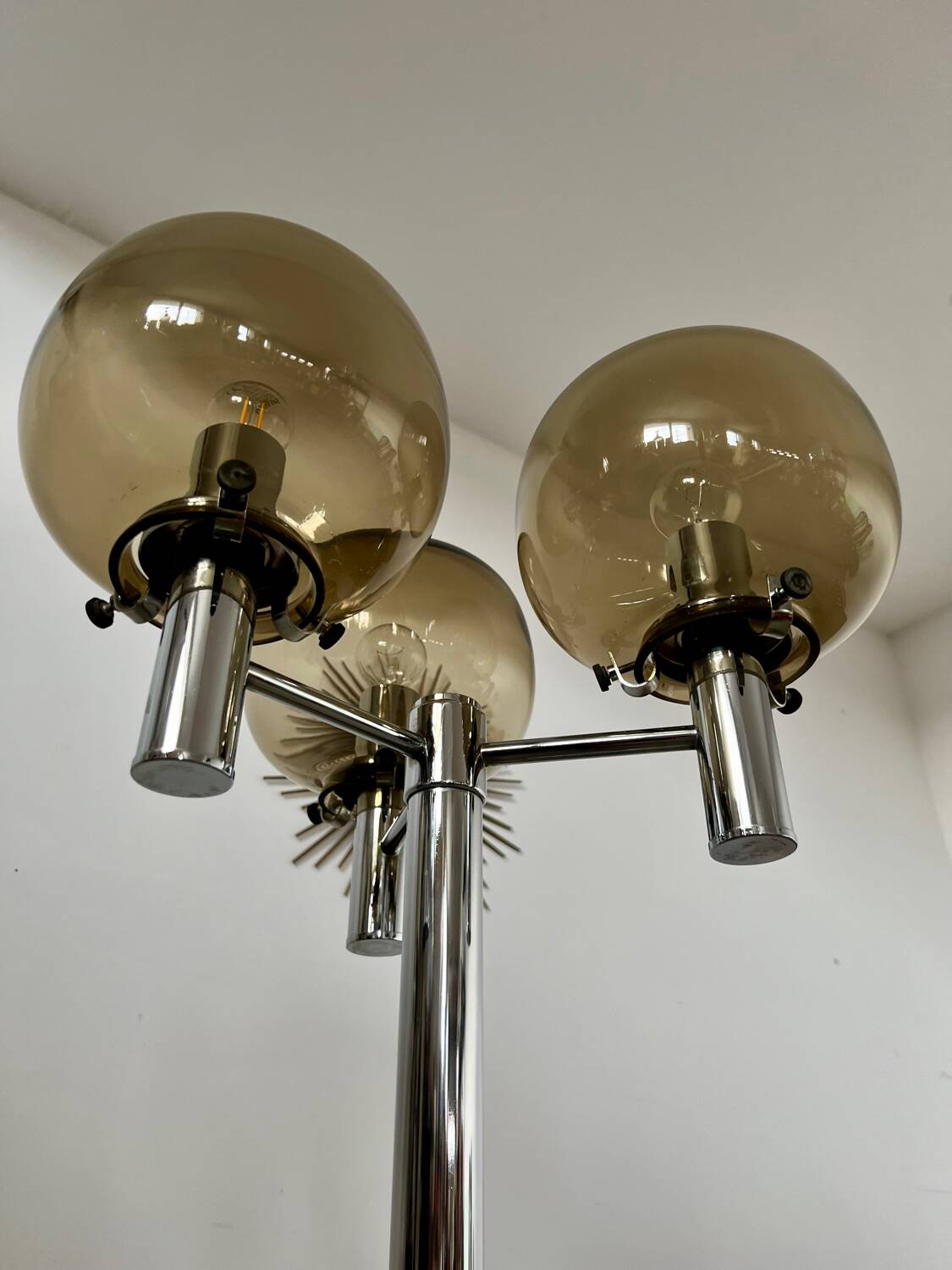 Old 3-light chrome and smoked glass floor lamp Italian design from the 70s vintage