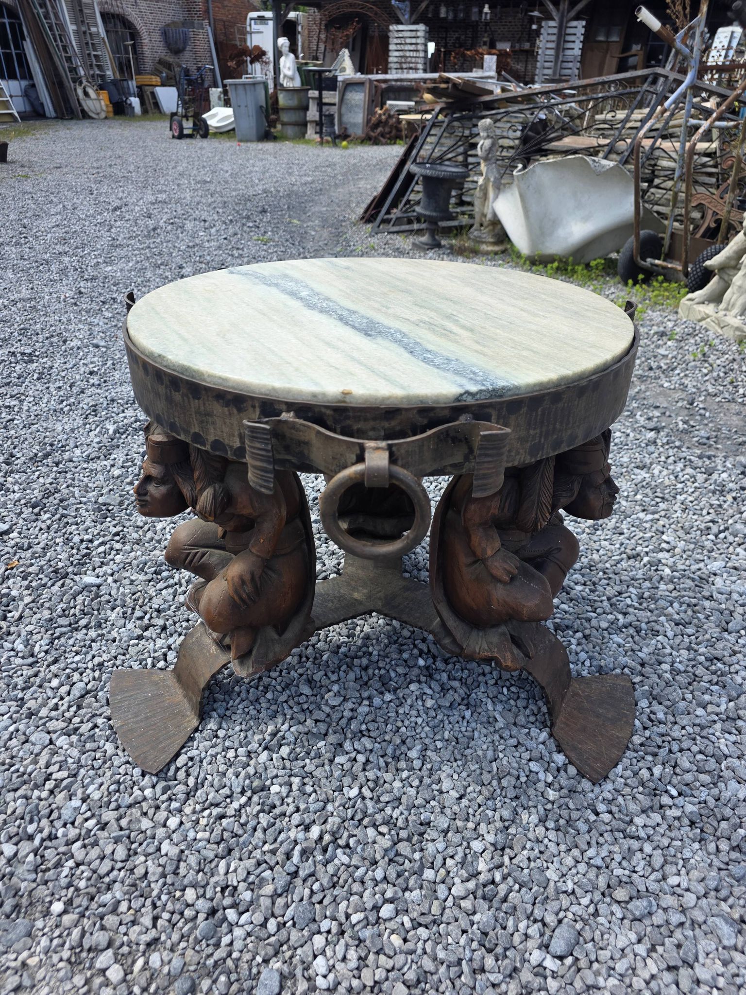 Wrought iron and marble coffee table, Jean Maurice Rothschild, circa 1950.