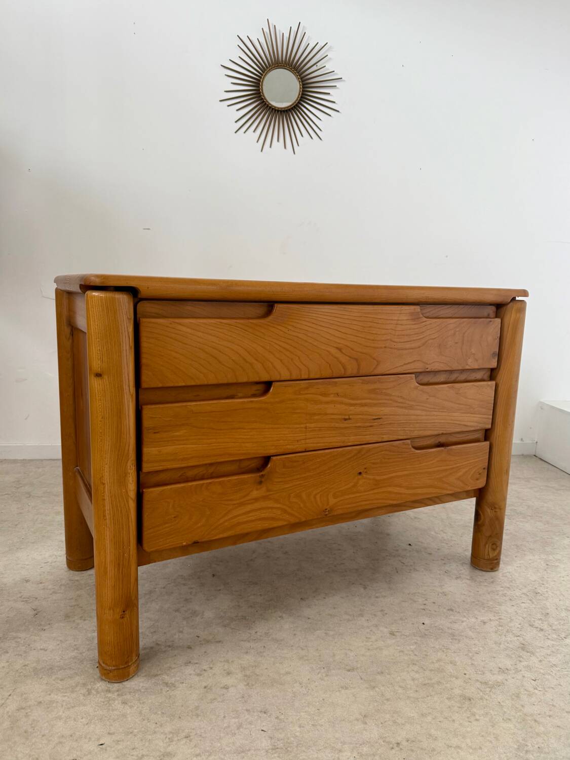 Antique solid elm chest of drawers, French design from the 60s, Maison Regain vintage