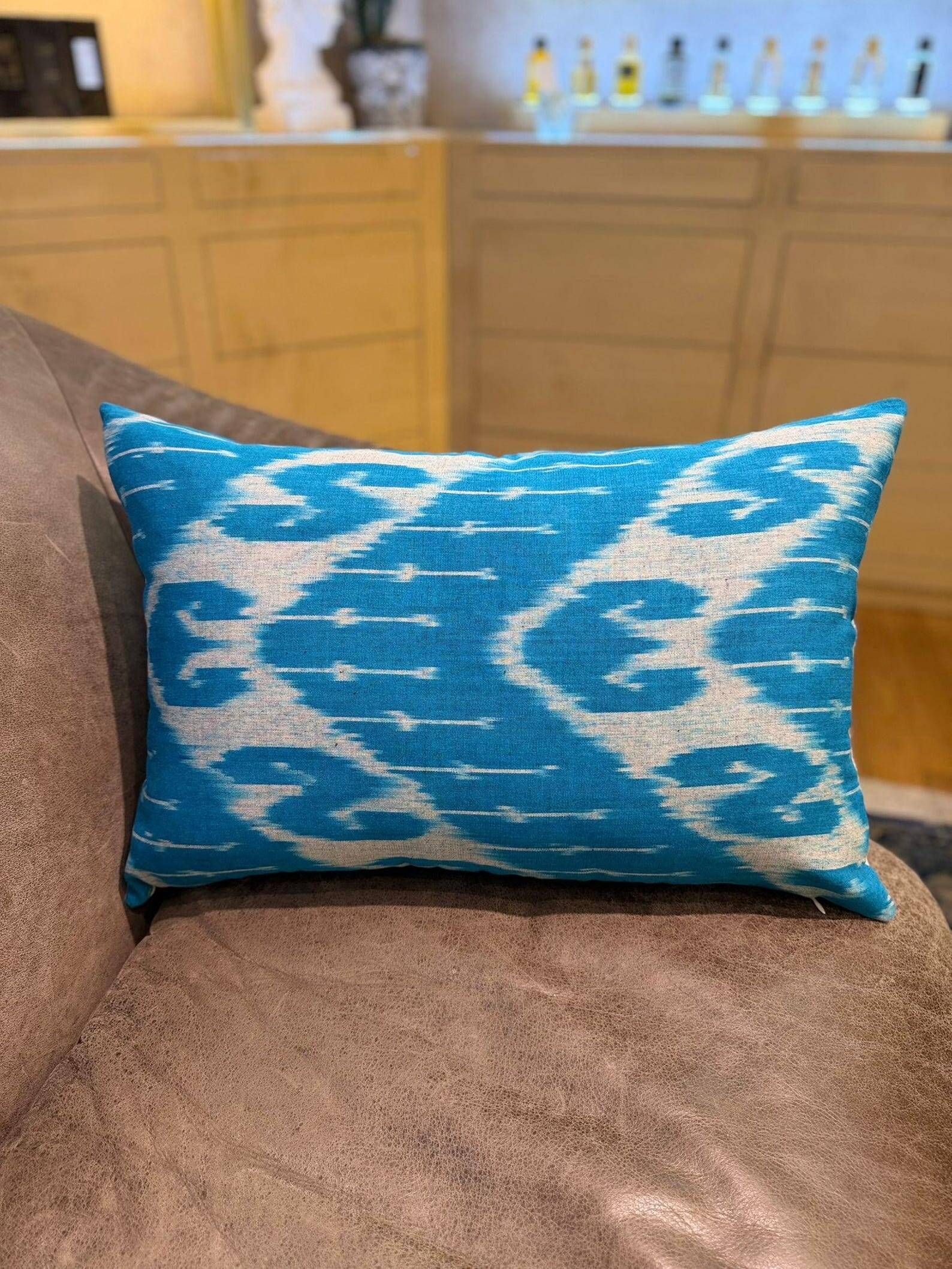 Hand Crafted Silk Ikat Lumbar Cushion Cover, Sky Blue Wave Pillow Case