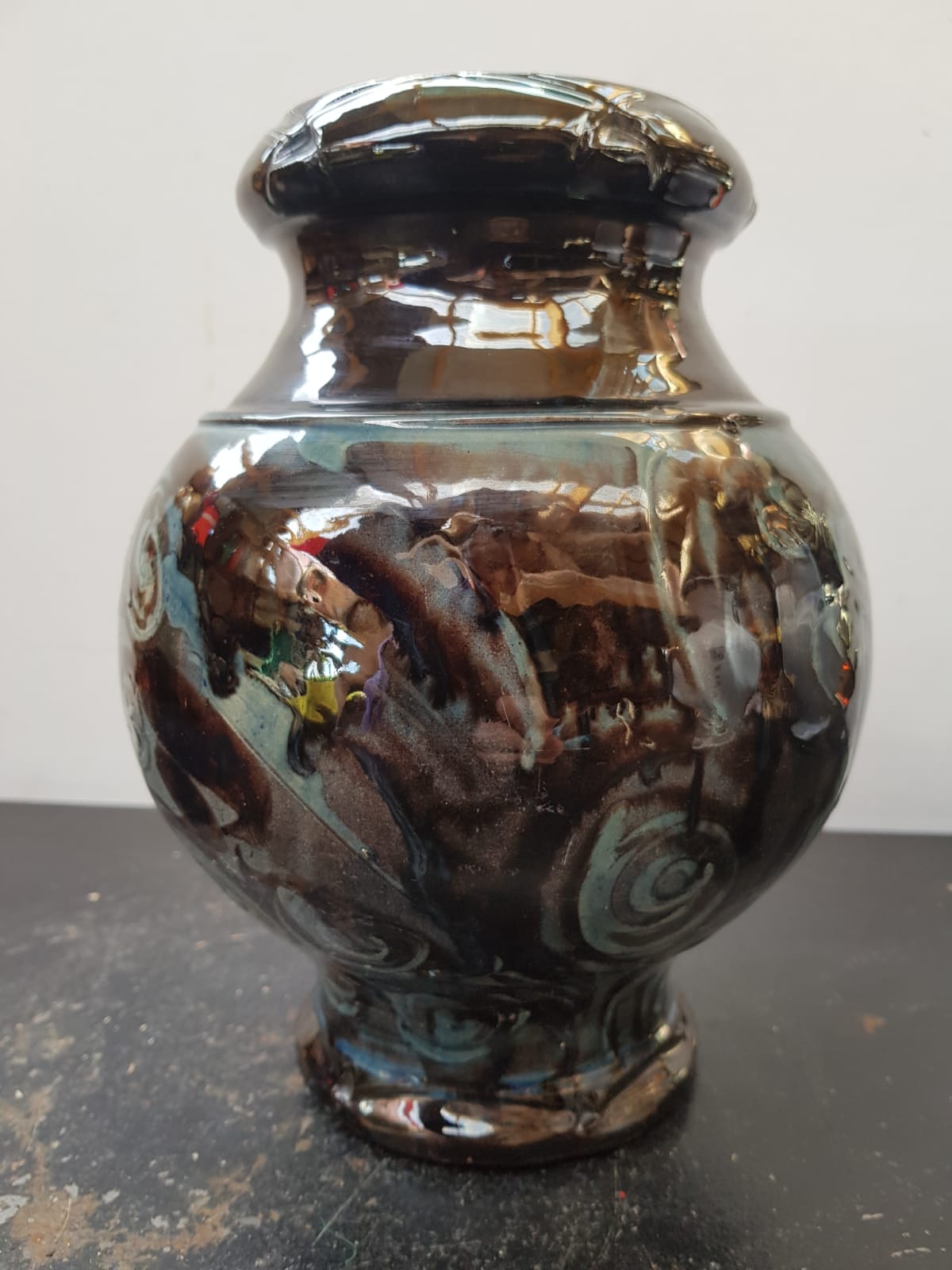 Old Vintage Glossy Varnished Brown & Blue Ceramic Vase