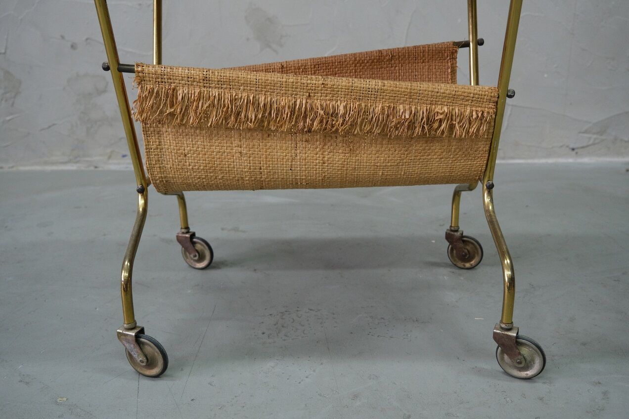 Mid-century teak and brass mobile side table with magazine holder, 1960s