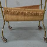 Mid-century teak and brass mobile side table with magazine holder, 1960s