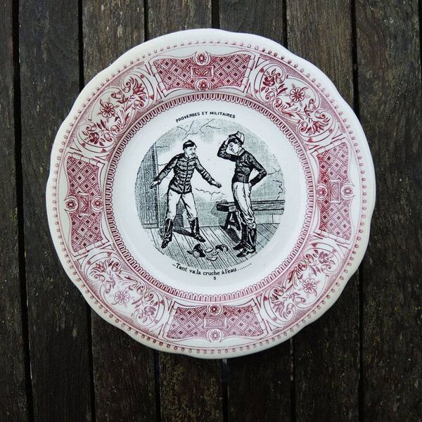 6 anciennes assiettes parlantes Gien – proverbes & militaires