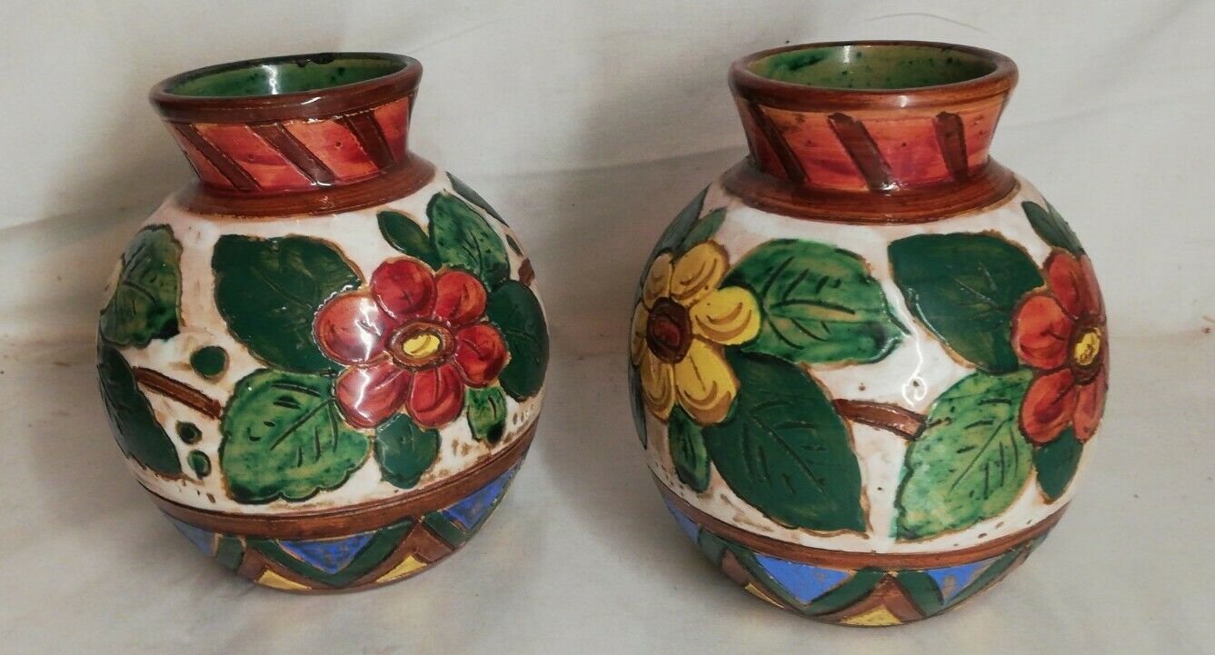 Pair of ceramic vase signed Italy 1954 b, vintage, decoration, flower