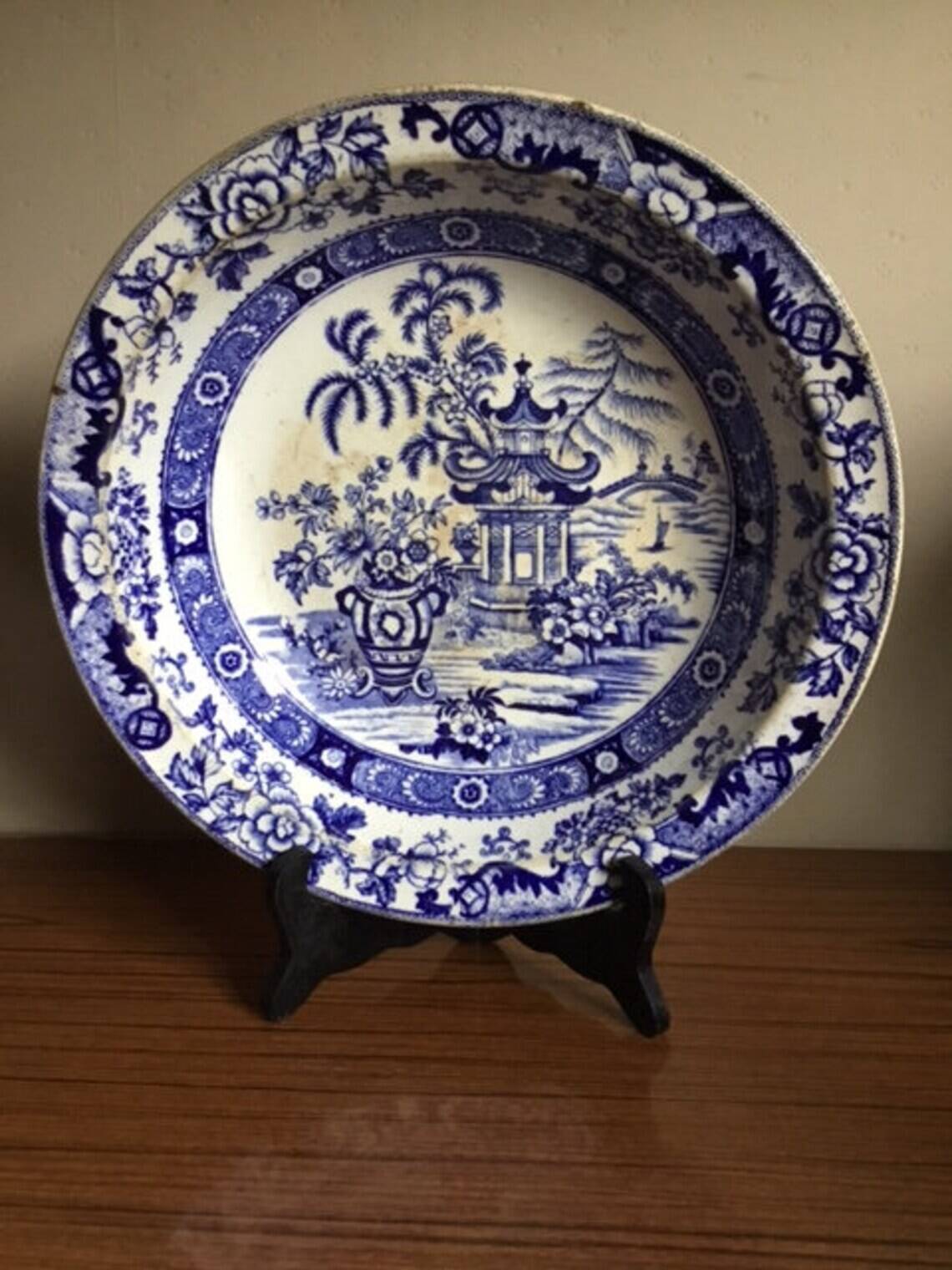 Old hollow dish, Terre de Fer earthenware dish (Creil and Montereau), Japanese pagoda model