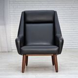 1970s, Danish highback armchair, black artificial leather, teak wood legs.