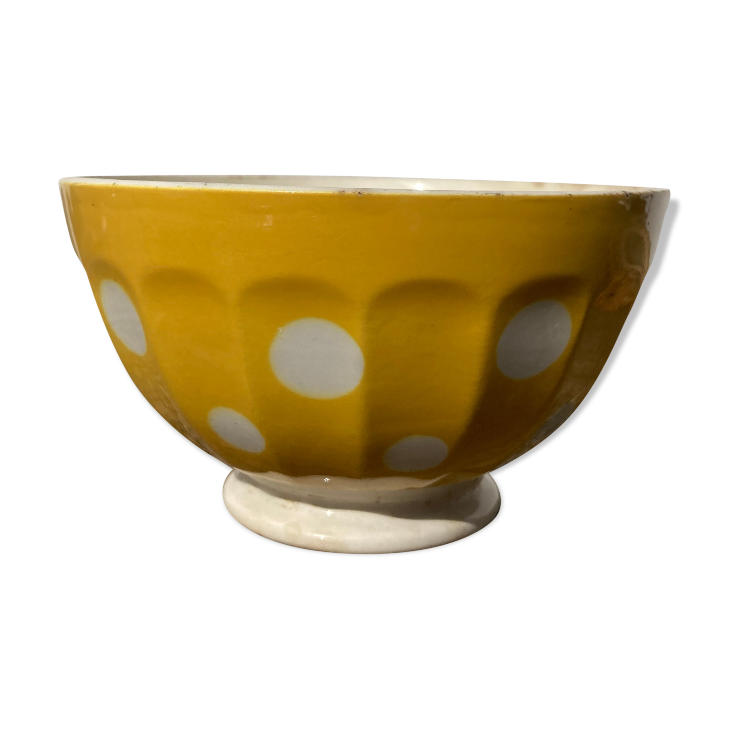 Old bowl Sarreguemines Digoin yellow with white polka dots, antique ceramics