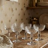 Set of 6 antique fine crystal champagne glasses, star engraved, 19th-20th century.