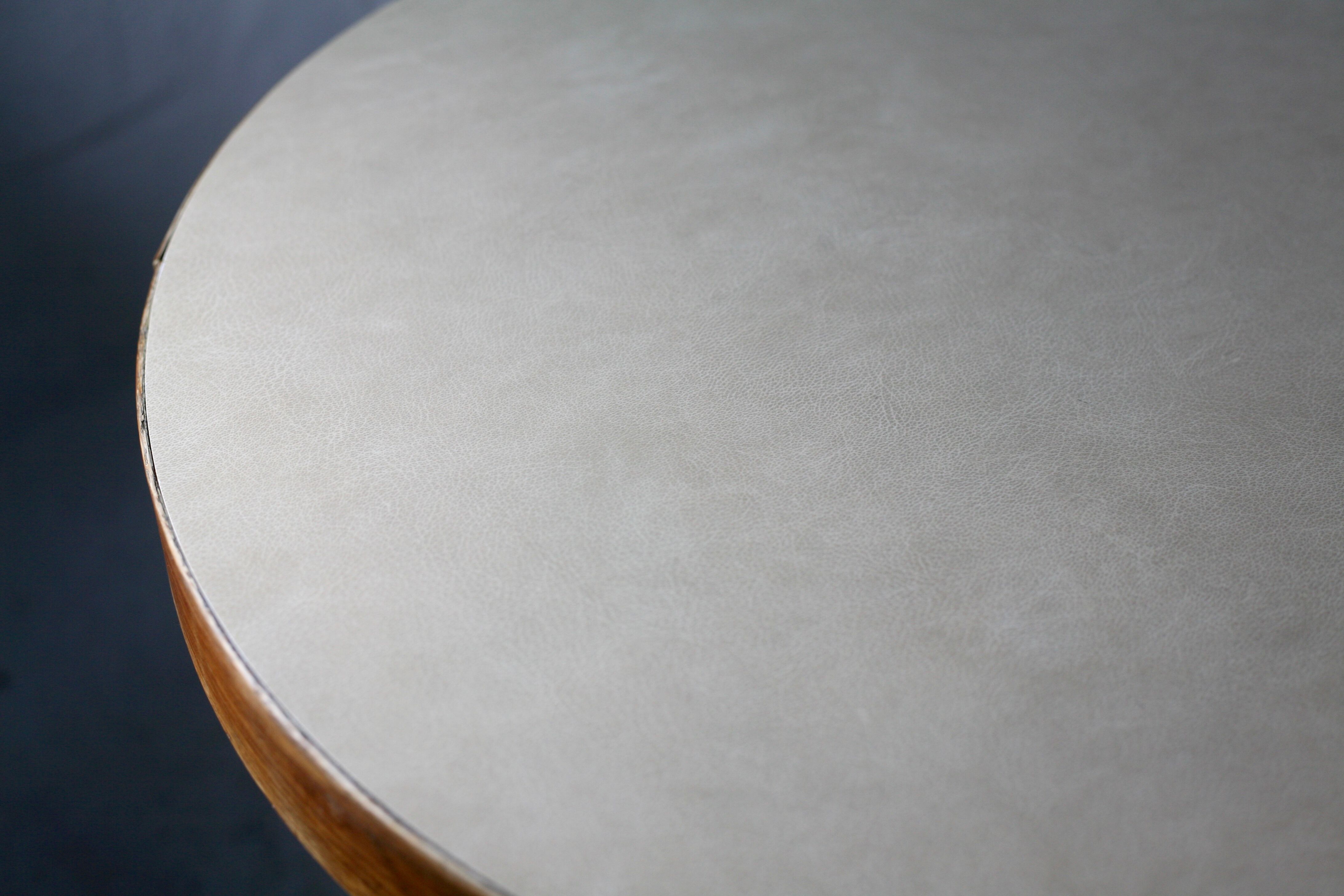 Side table tubular steel base, round top strapping wood, France, circa 1950