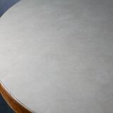Side table tubular steel base, round top strapping wood, France, circa 1950