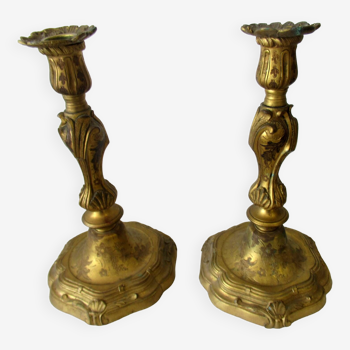 Pair of gilded bronze candlesticks, Louis XV style, 19th century