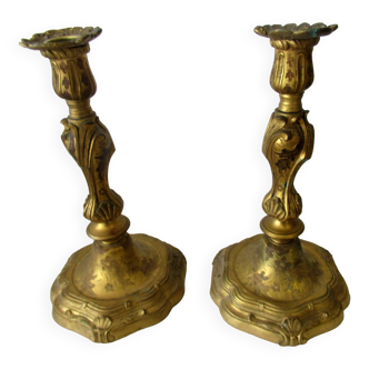 Pair of gilded bronze candlesticks, Louis XV style, 19th century
