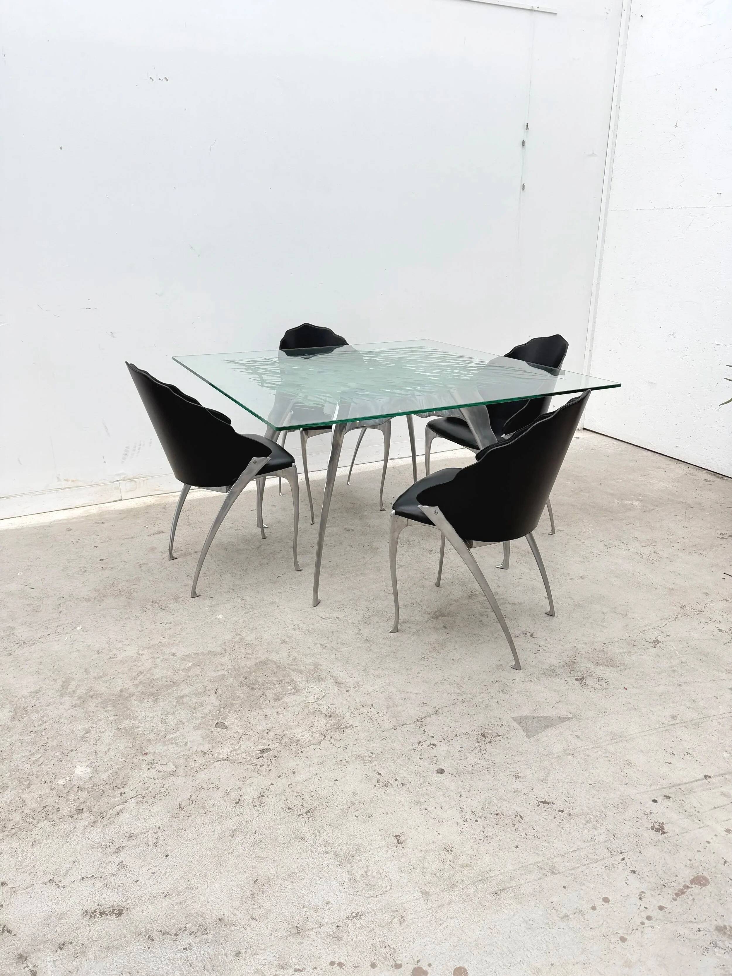 Dining table by Bernard Dequet for Protis France Design in cast aluminum and leather, France 1980