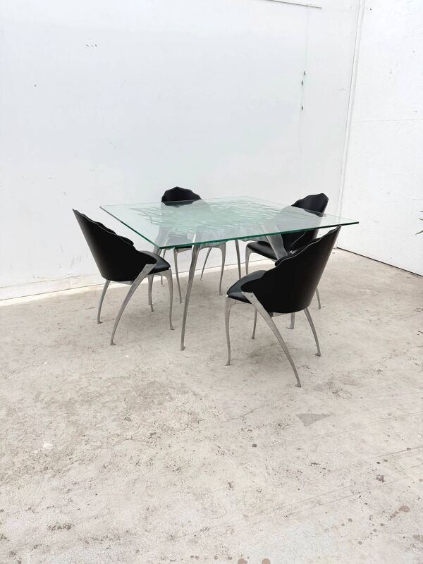 Table à manger de Bernard Dequet pour Protis France Design en fonte aluminium et cuir, France 1980