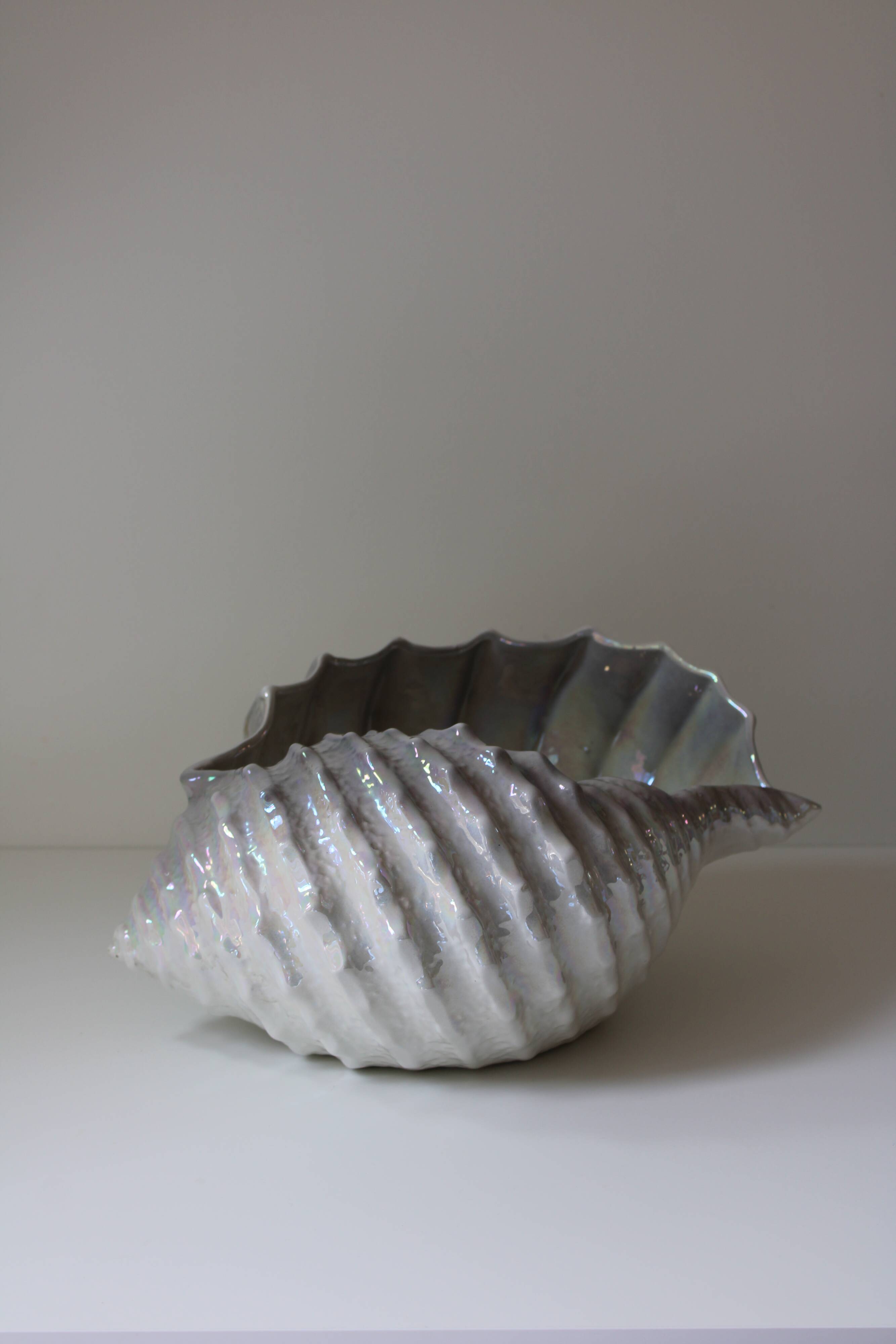 Large iridescent barbotine shell bowl, Italy vintage