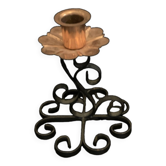 Candle holder 14cm 1970 in flower style welded metal and old vintage wrought iron