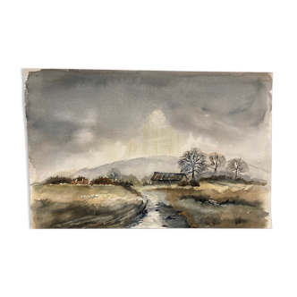 Watercolor winter landscape