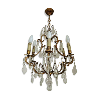 French gilded bronze glass & crystal 6 light louis xv style cage chandelier 3045