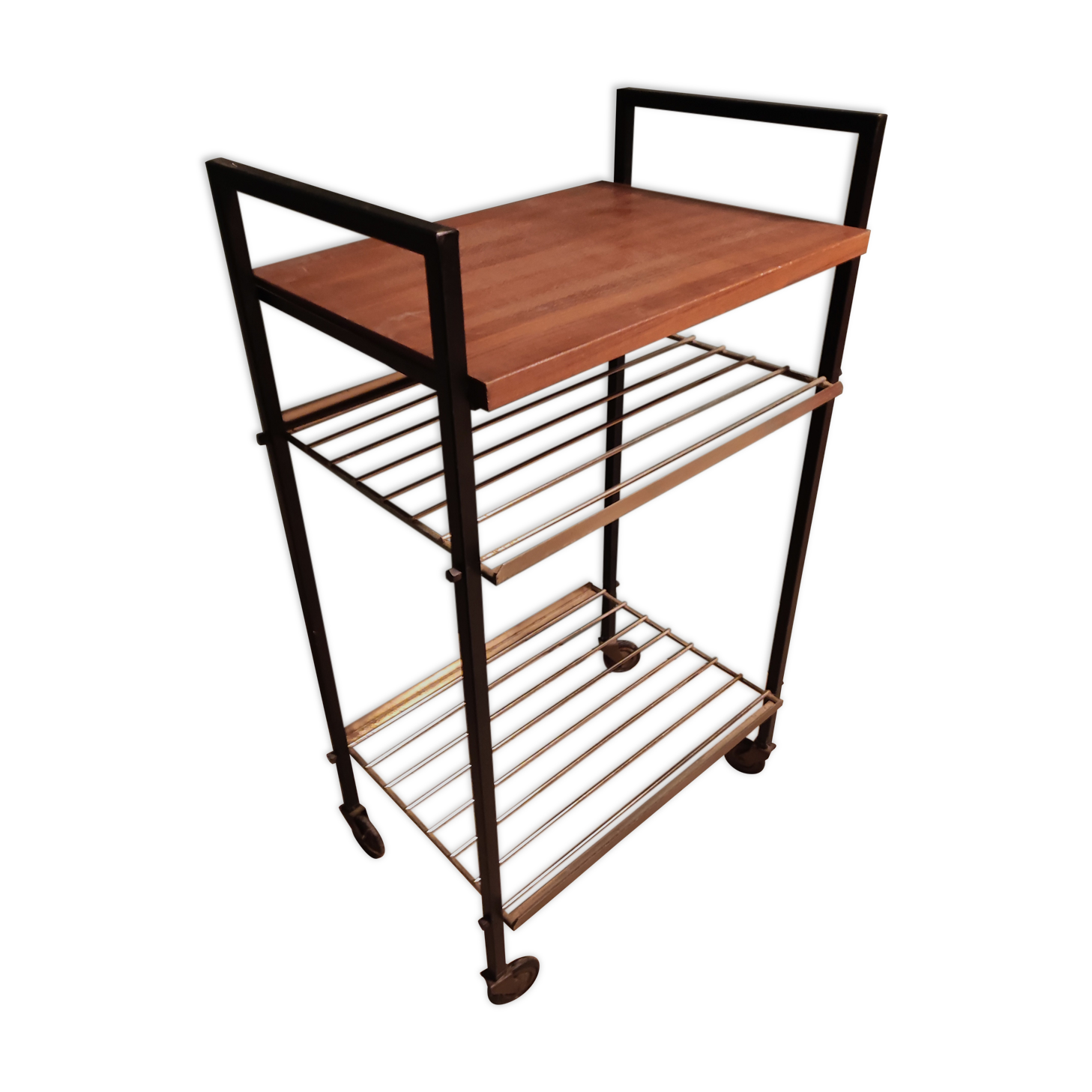 Serving table with metal wood wheels