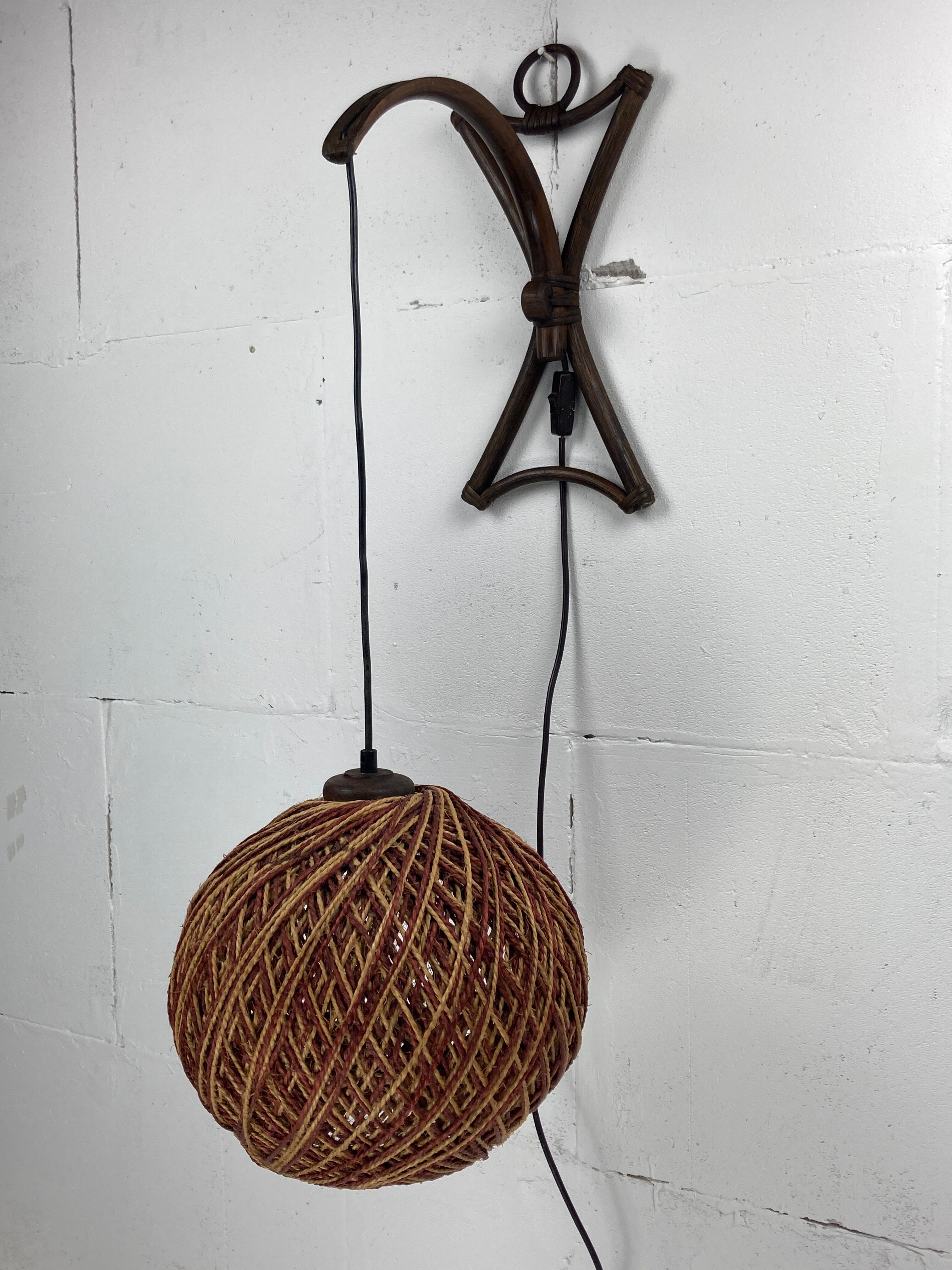 Rattan bamboo and rope sisal wall lamp, Dutch 1960s
