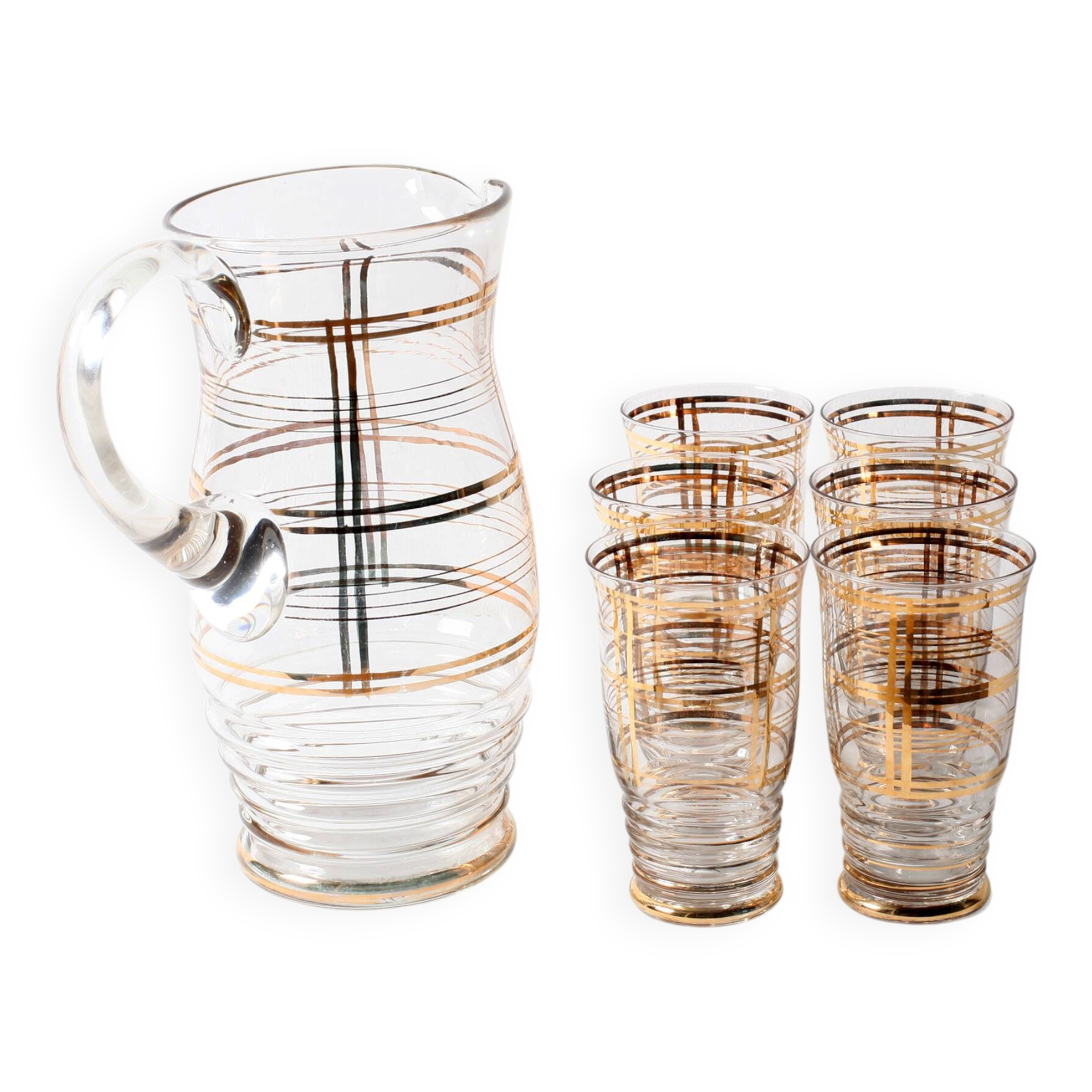 Mid-Century Italian Glass Pitcher & Six Glasses with Golden Details / Italy