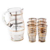 Carafe en verre italien du milieu du siècle et six verres avec des détails dorés / Italie