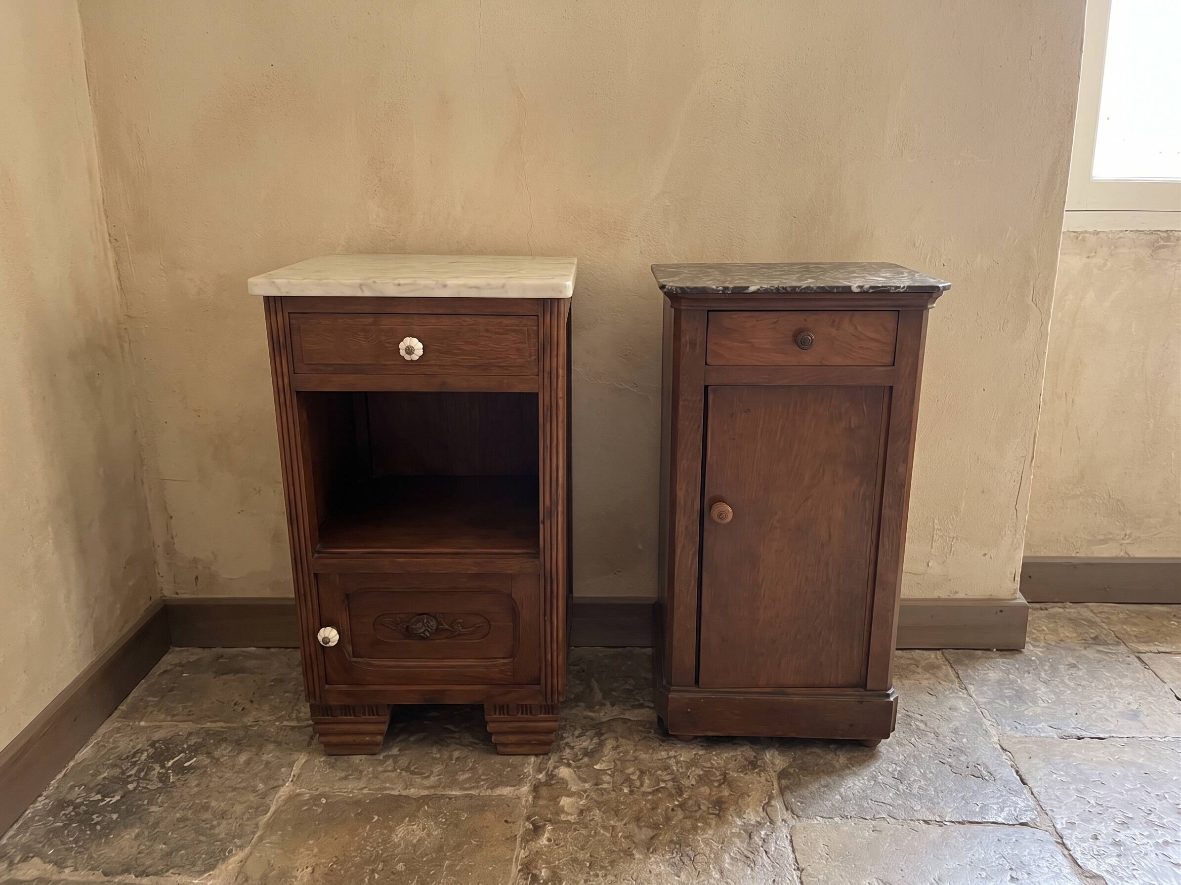 Set of 2 vintage wooden bedside tables with marble.