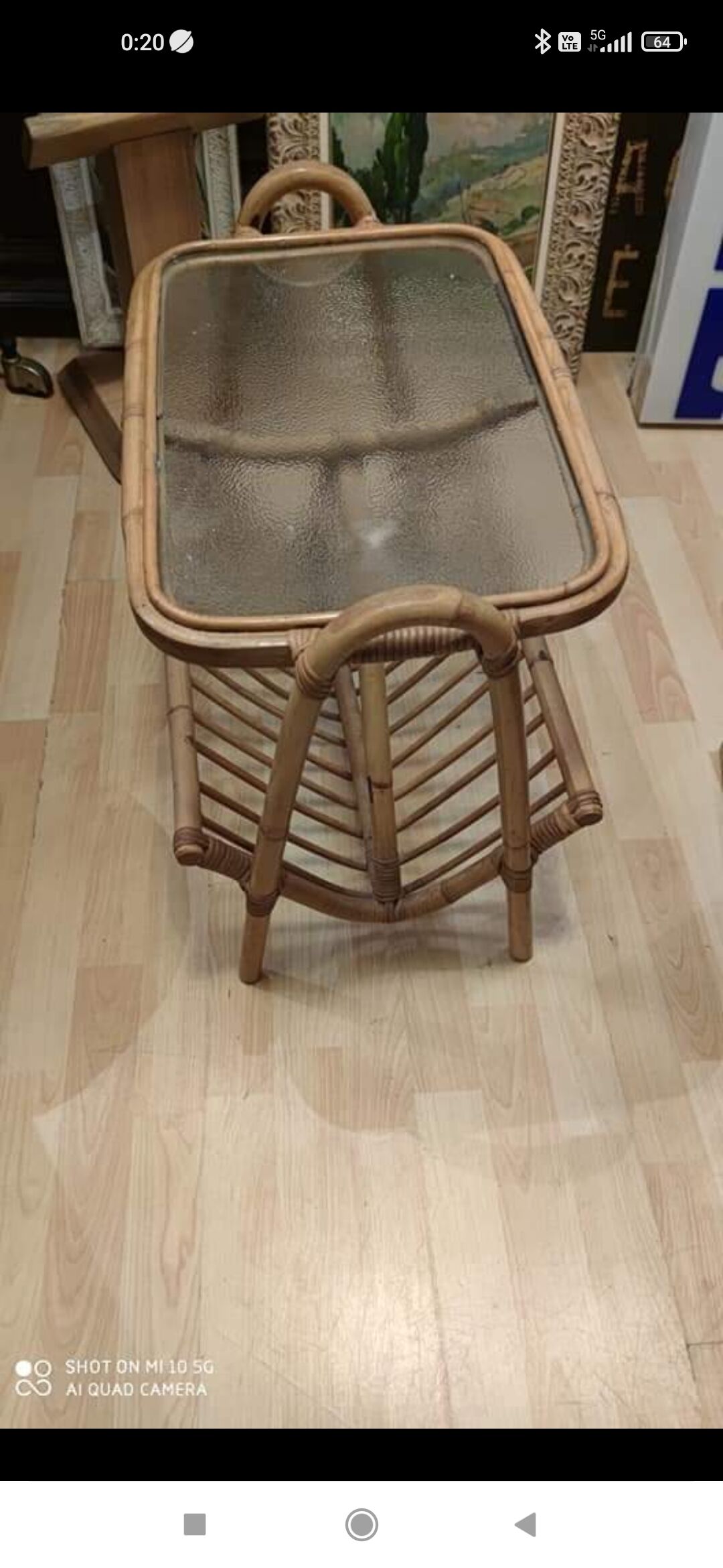 Rattan and frosted glass end table with magazine rack
