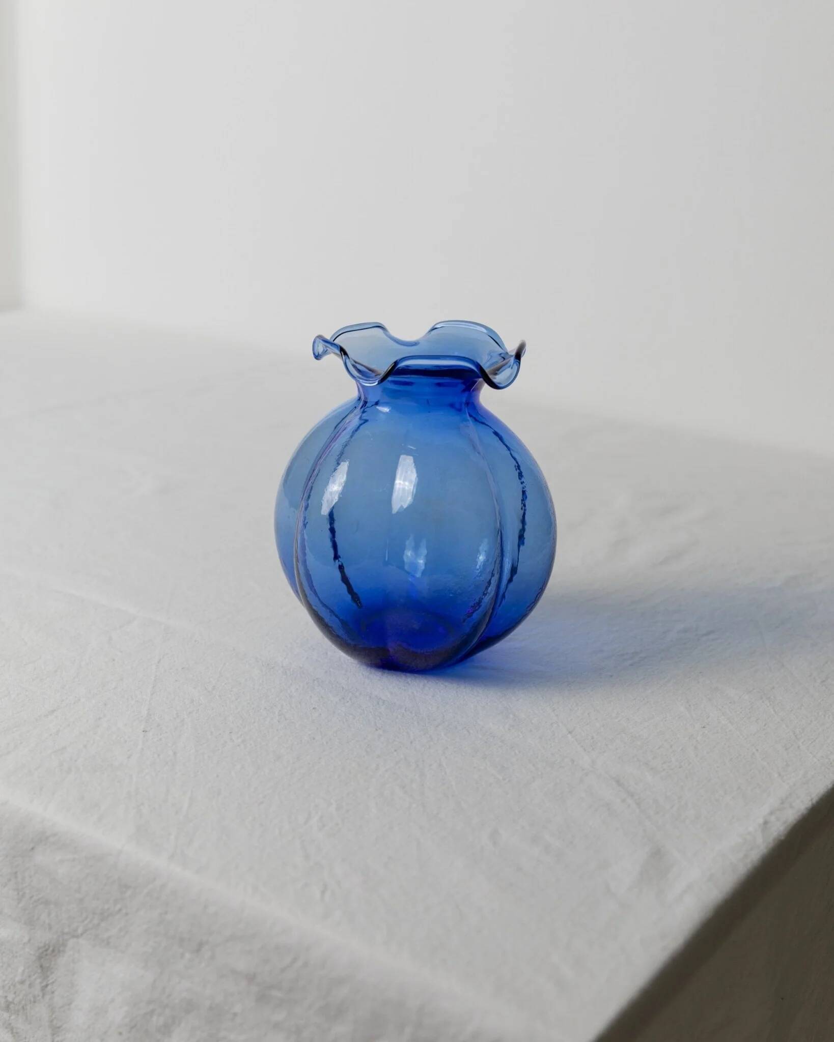 Cobalt Blue Hazel Atlas Glass Vase, 1930s Bulbous Form with Ruffled Lip and Embossed Underside