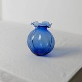 Cobalt Blue Hazel Atlas Glass Vase, 1930s Bulbous Form with Ruffled Lip and Embossed Underside